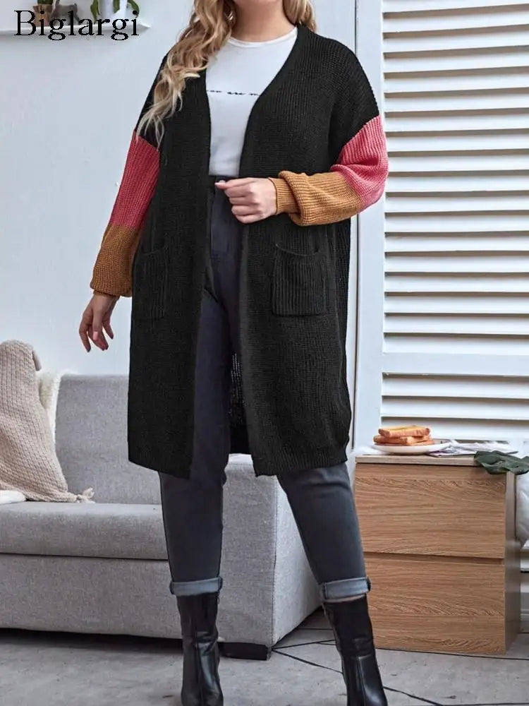 Plus Size Autumn Winter Midi Knitted Cardigan Women Colour Patchwork Fashion Ladies Cardigans Casual Woman Sweater Coats 2023