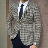 Houndstooth Plaid Blazer for Men One Piece Suit Jacket with 2 Side Slit Slim Fit Casual Male Coat Fashion Clothes 2023