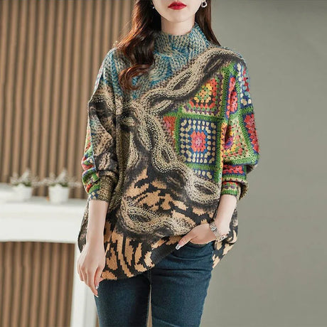 Winter Fashion Knitwear Women Luxury Loose Printed Diamond Plus Size Sweaters Ladies Vintage Warm Pullover Classic Casual Jumper