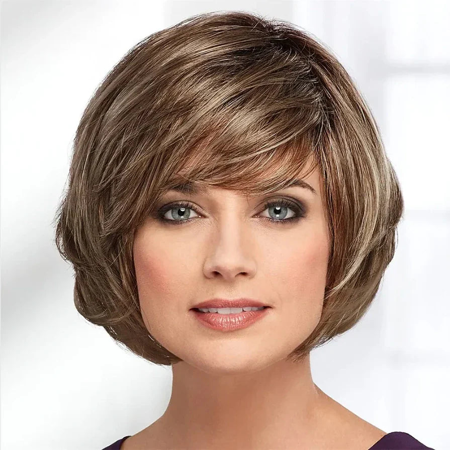 HAIRJOY Synthetic Hair  Women Short Straight Ombre Bob Wig with Bangs Blonde Silver Brown  Red