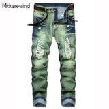 High Street Ripped Jeans for Men Four Seasons Causal Denim Pants Personalized Ocean Green Straight Jeans Fashion Youth Trousers