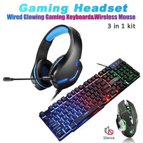 Gaming Wired Keyboard + Wireless Mouse+ Gaming Headset Deep Bass Wired Headphone with MIC for PS5/ PS4/ XBOX/ PC/ Laptop