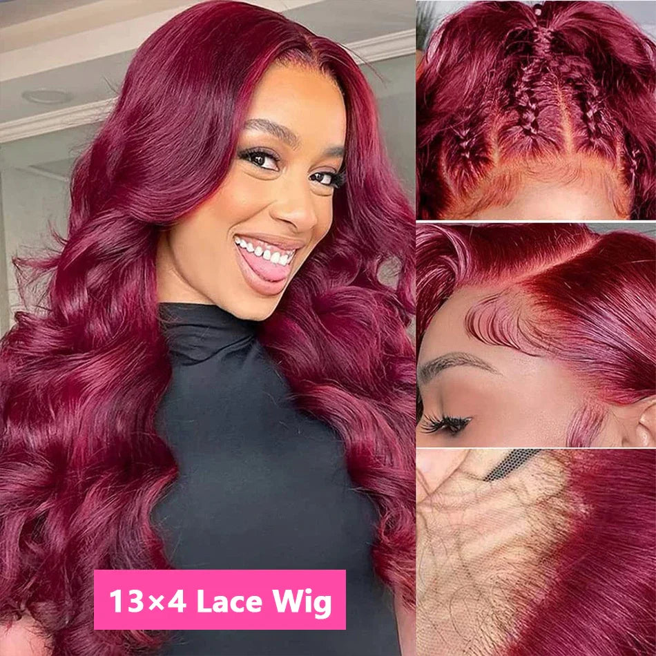 30 Inch 99j Burgundy Body Wave Lace Front Human Hair Wig Colored Glueless Hair Wigs For Women Red 13x4 13x6 Hd Lace Frontal Wig