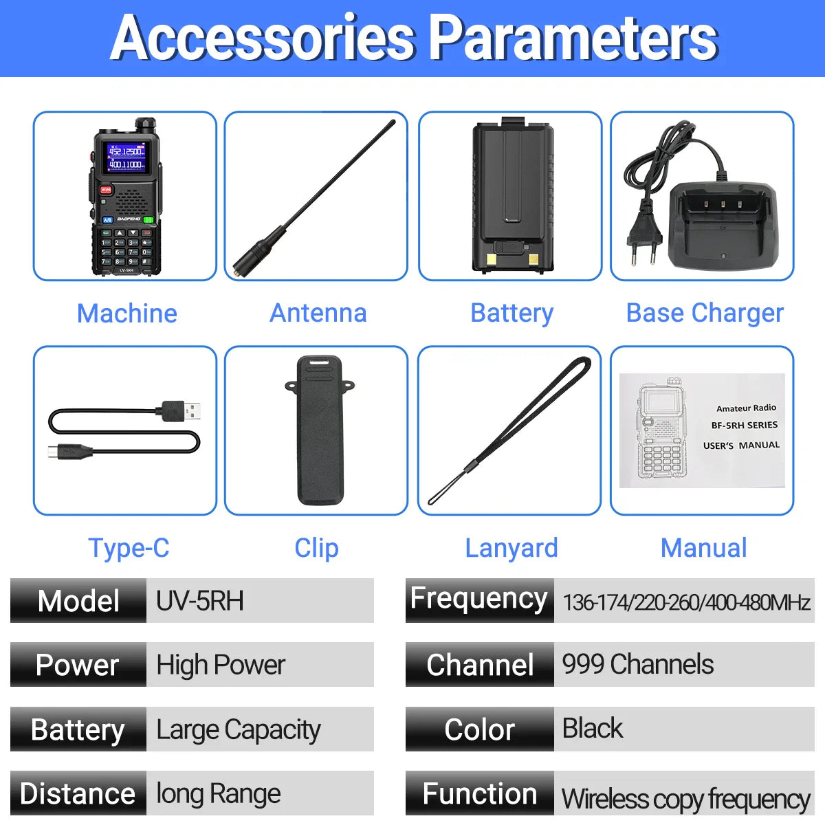 UV-5RH Pro Max 15W Air Band Walkie Talkie Wirless Copy Frequency Tri Power Type-C NOAA Long Range Baofeng 5RM Ham Two Way Radio