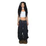 Y2K Fashion Baggy Jeans Denim Cargo Pants Womens Vintage Multi Pocket High Waist  New Harajuku Gothic Wide Trouser Streetwear