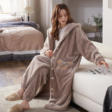 2PCS Hooded Sleepwear Thicken Warm Plush Flannel Robe Set Winter Pajamas for Couples Soft Pajama Man Cartoon Sleeping Bathrobe