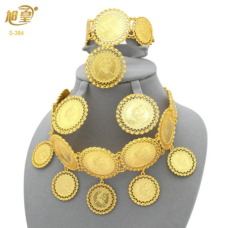 African 24K Gold Color Coins Necklace Bracelet Sets For Women Dubai Luxury Choker Designed For Women Wedding Party Jewelry Gift