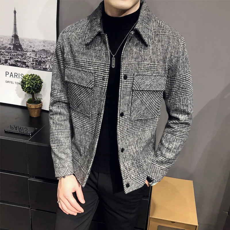 2023Autumn/Winter Men Polo Neck Woolen Jacket Fashion Slim Fit Suit Coat HighQuality Checkered Multi Pocket Korean Casual Jacket