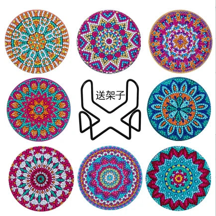 8Pcs DIY Diamonds Painting Coaster Animal Flower Non-slip Anime Art Mosaic Cup Cushion with Rack Rhinestones Paintings Decor