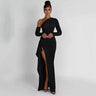 European and American Women's New Long Sleeve Oblique Neck Dress Fashion Sexy Open Back High Split Dress Long Dress