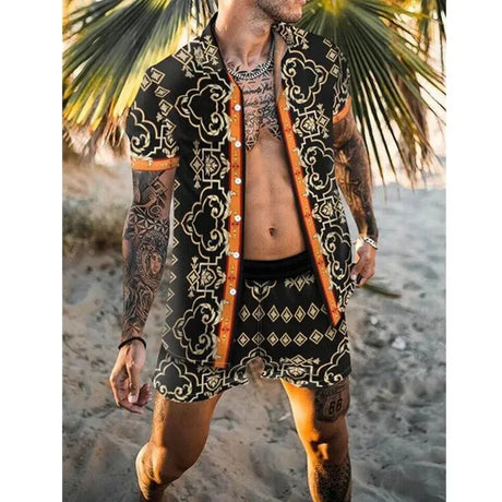 Men Hawaiian 2Pcs Sets Summer 3D Print Short Sleeve Shirt Beach Button Shorts Streetwear Shirt Holiday Men's Two Piece Suit