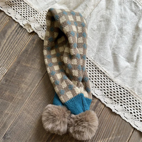 deer jonmi Korean Style New Winter Children Plaid Printed Scarves Pompon Patchwork Toddlers Kids Knitted Warm Shawl