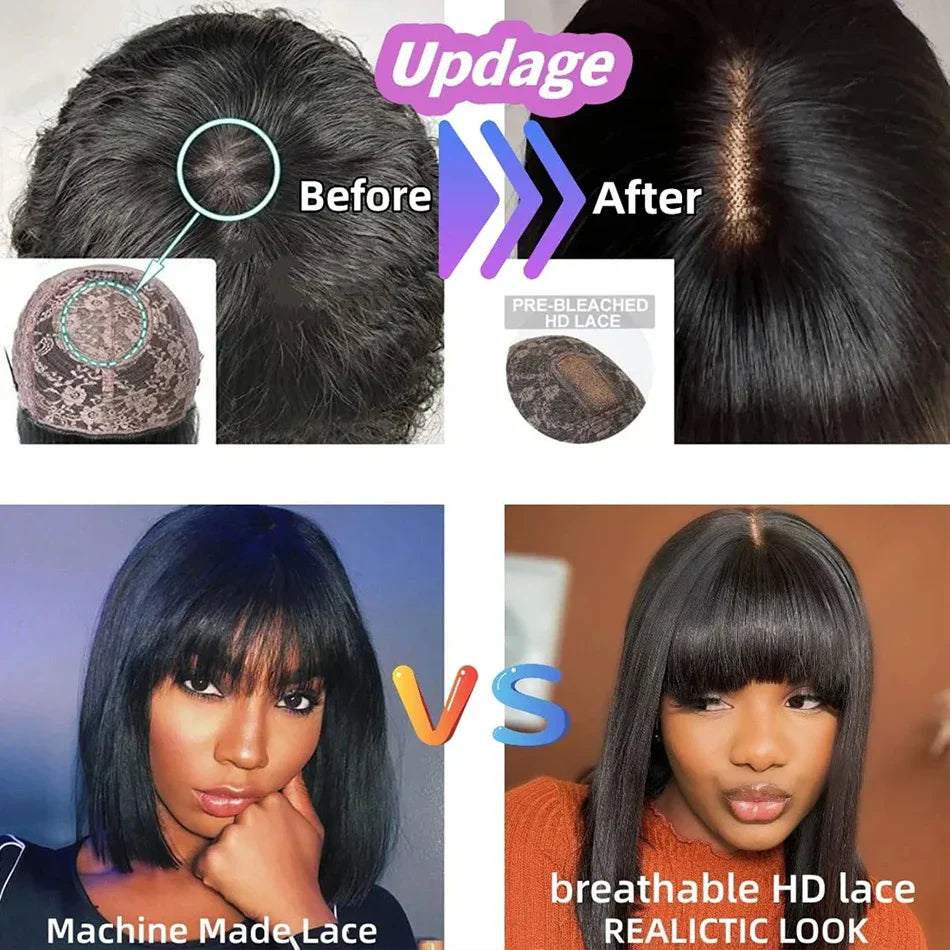 Middle Part 3X1 Hd Lace Wig Bone Straight Human Hair Wigs With Bangs Glueless Wig Human Hair Ready To Wear Short Bob Wigs