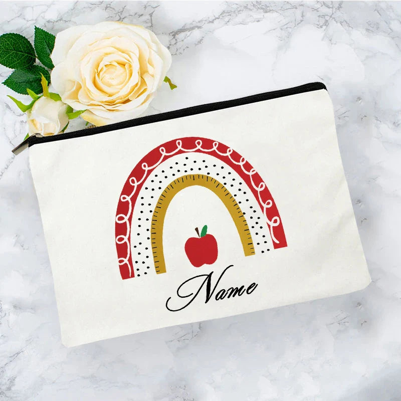 White Personalized Name Bag woman rainbow print Makeup Bag Storage Pouch Toiletries storage Cosmetic Pocket Gift for teachers