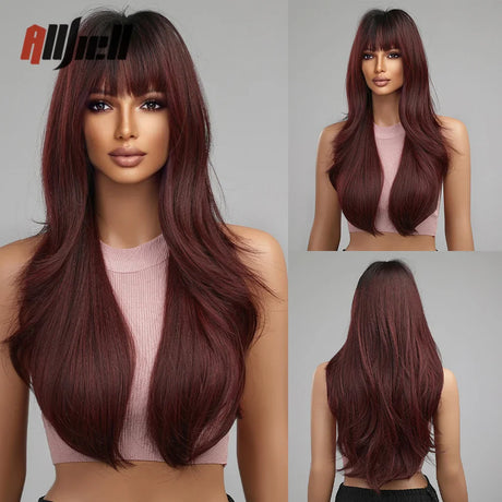 Copper Ginger Brown Wigs with Bangs Natural Synthetic Long Wavy Wigs for Black Women Afro Cosplay Daily Heat Resistant Hair Wig