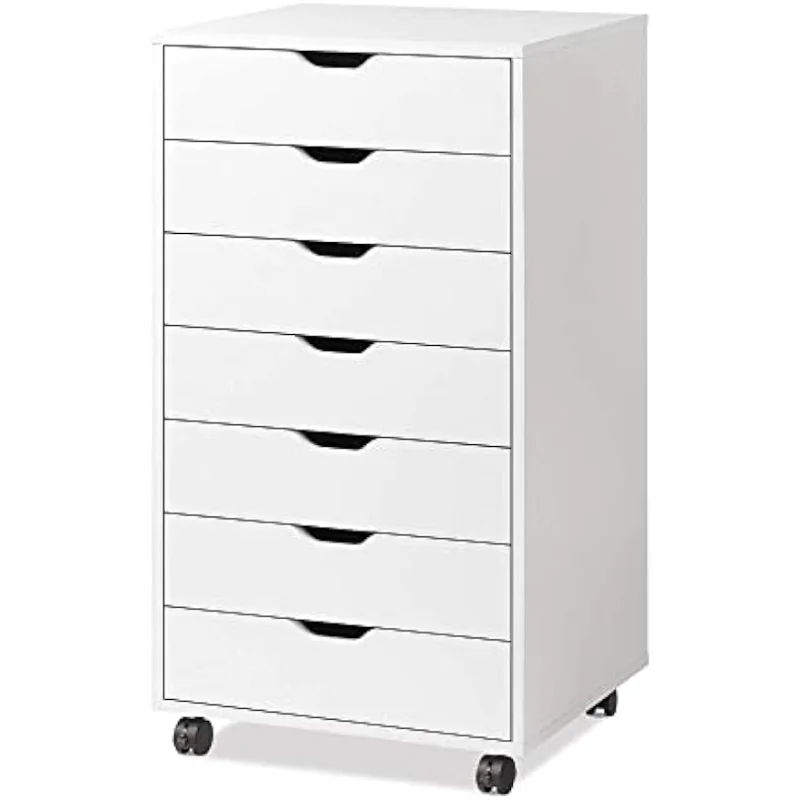 DEVAISE 7-Drawer Chest, Wood Storage Dresser Cabinet with Wheels, White