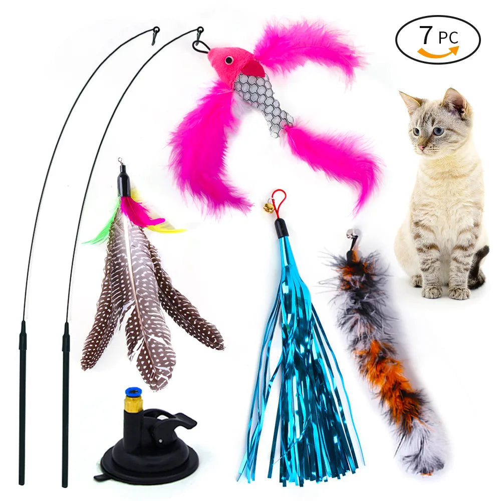 Interactive Cat Toy Handfree Cat Stick Playing Kitten Playing Teaser Wand Toy Suction Cup Bird/Feather Cat Wand Toys Set