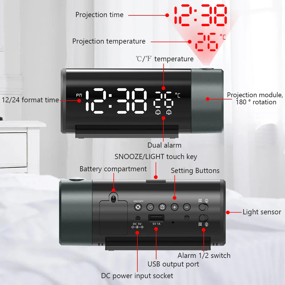 LED Digital Alarm Clock 180° Rotation Electronic Table Projector Watch Time Projection Bedroom Bedside Automatic Backlight Clock