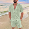 Hawaiian Men's Summer Polo Collar Cotton Linen Two Piece Set Solid Short Sleeve Shirt + Shorts Fashion Suit