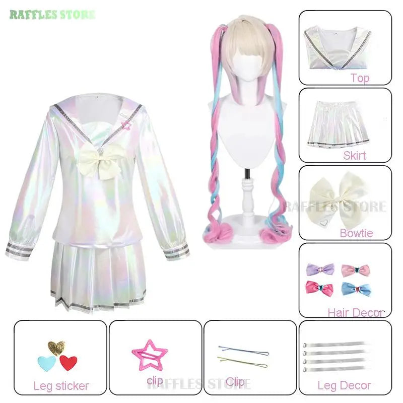 NEEDY GIRL OVERDOSE KAngel Cosplay Costume Lolita Shoes Coat Skirt Uniform Wig Hallowmas COS Laser Color Skirts Ribbon Wig