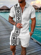 Boho Geometric Style 3D Print Men Polo shirts Set Zipper Lapel Polo Sets Zipper Collar+Shorts 2pcs Hawaii Holiday Man Clothes