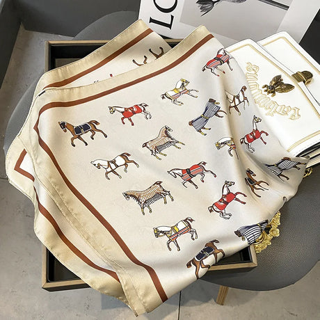 Luxury Brand Women Scarf Summer 70cm Silk Scarves Shawls Lady Sunscreen Beach Shawl Horse Print Square Scarves Muslim Headscarf