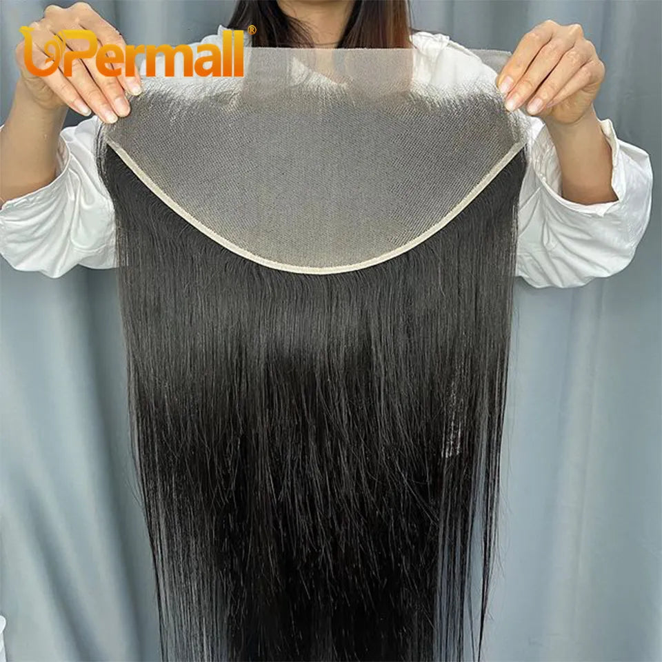 Upermall 13x6 Lace Frontal Straight Pre Plucked Swiss HD Transparent Full Front Only Natural Black 100% Remy Human Hair On Sale