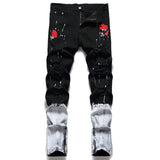 Men Rose Embroidery Jeans Fashion Holes Ripped Stretch Denim Pants Bottom Zipper Slim Tapered Pencil Trousers White Black