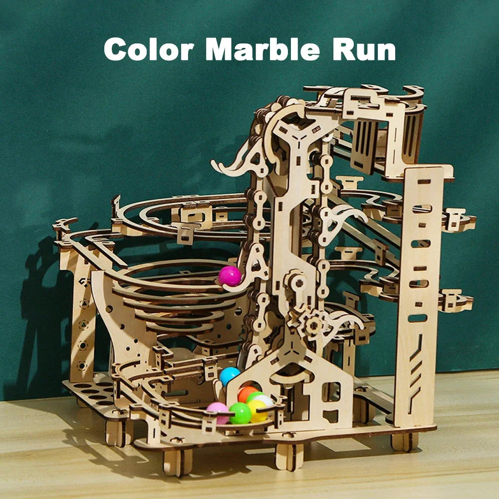 3D Wooden Puzzle Marble Run Set DIY Mechanical Track Electric Manual Model Building Block Kits Assembly Toy Gift for Teens Adult