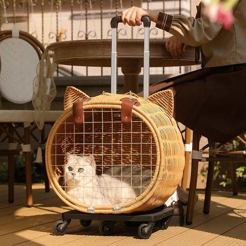 Manufacturer Direct Selling Large Space Pet Travel Carrier Bag Rattan Wicker On Wheels Stroller Trolley Pushchair