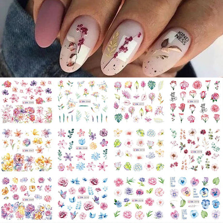 12 Designs Nail Stickers Set Mixed Floral Geometric Nail Art Water Transfer Decals Sliders Flower Leaves Manicures Decoration