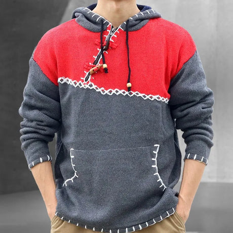 Winter Clothing Men's Patchwork Knitted Hooded Pullover Sweater Long Sleeve Hoodie with Pocket Premium Vintage Luxury Knitwear