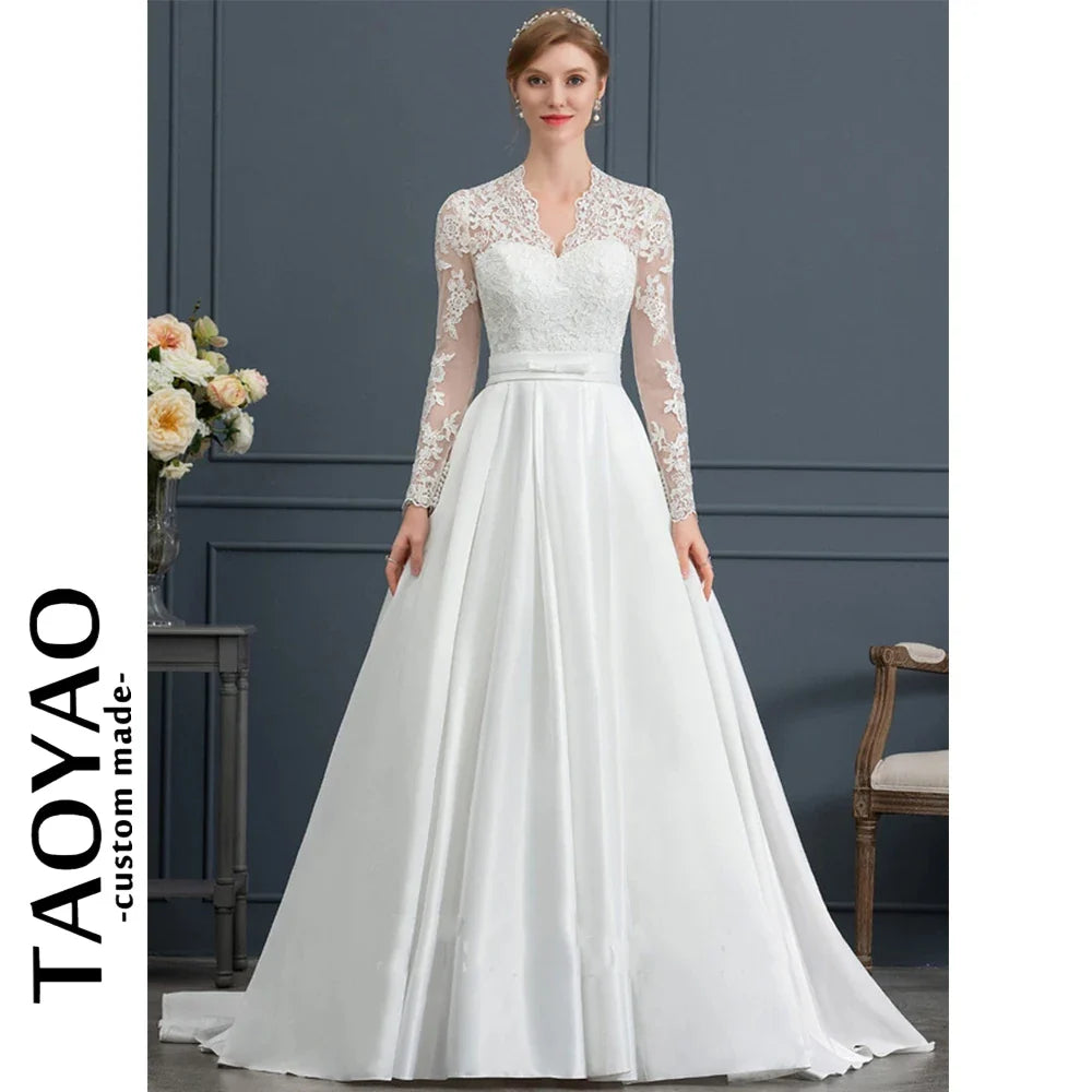 Princess Ball-Gown Wedding Dress V-Neck Bride Dresses Train Lace Satin Elegant And Pretty Women's Dresses Vestidos Para Mujer