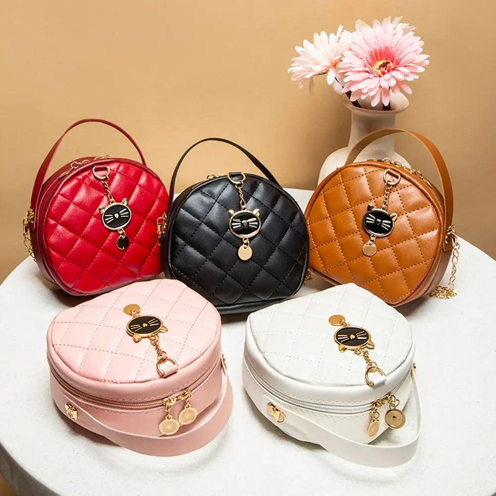 Women Chain Shoulder Bags Round Handbags Ladies Cute Cat PU Leather Female Crossbody Messenger Bag