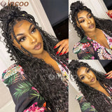 32" Full Double Lace Front Square Knotless Box Braided Wigs With Boho Curls Ends Box Braids Wig With Baby Hair Synthetic Wig 1B