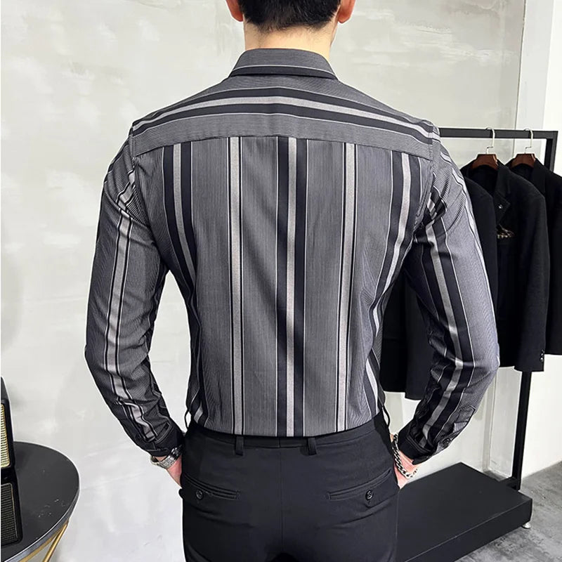 British Style Autumn New Striped Shirts Mens Long Sleeve Business Slim Fit Casual Shirt Homme Social Formal Wear Blouses 4XL-M