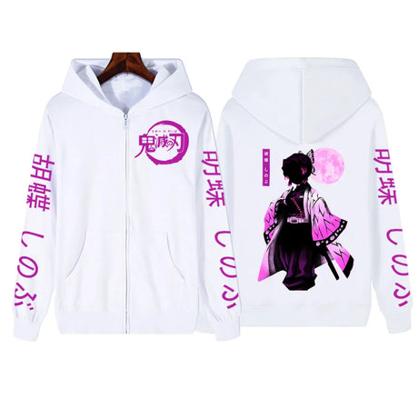 Kochou Shinobu Women Zip Hoodies Winter Autumn Casual Zipper Jacket Harajuku Demon Slayer Plus Size Sweatshirt Female Pullover