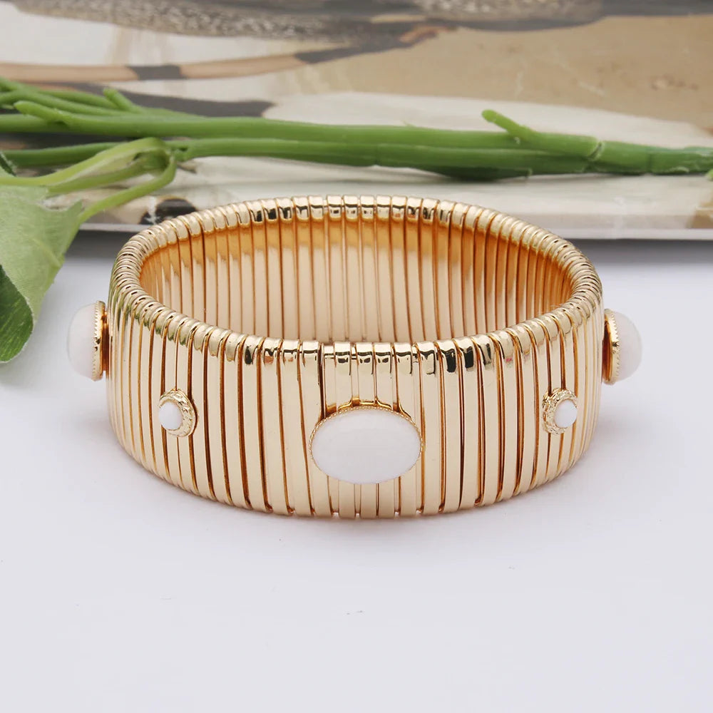 25mm Wide Spring Chain Bracelet For Woman Copper Bangle Natural Stone Malachite Bohemia Exquisite Gold Color Fashion Jewelry