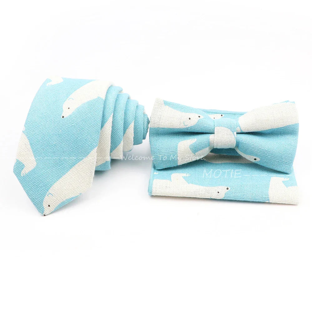 Men Linen Plant Ainmal Ties Set Pocket Handkerchief Bowtie Men Women Tuxedo Suit Unisex Business Wedding Party Accessories Gifts