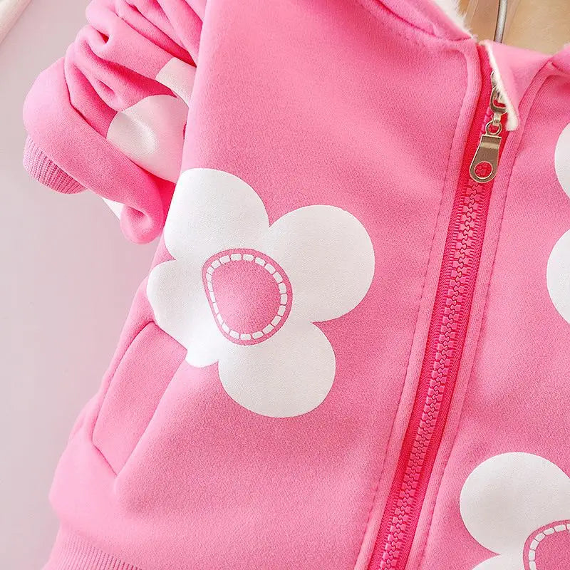 Baby Girls Flower Cartoon Thickk Woolen Autumn Winter Hoodied Jacket Coat Pants Clothing Set Children Kids Warm Clothes Suits