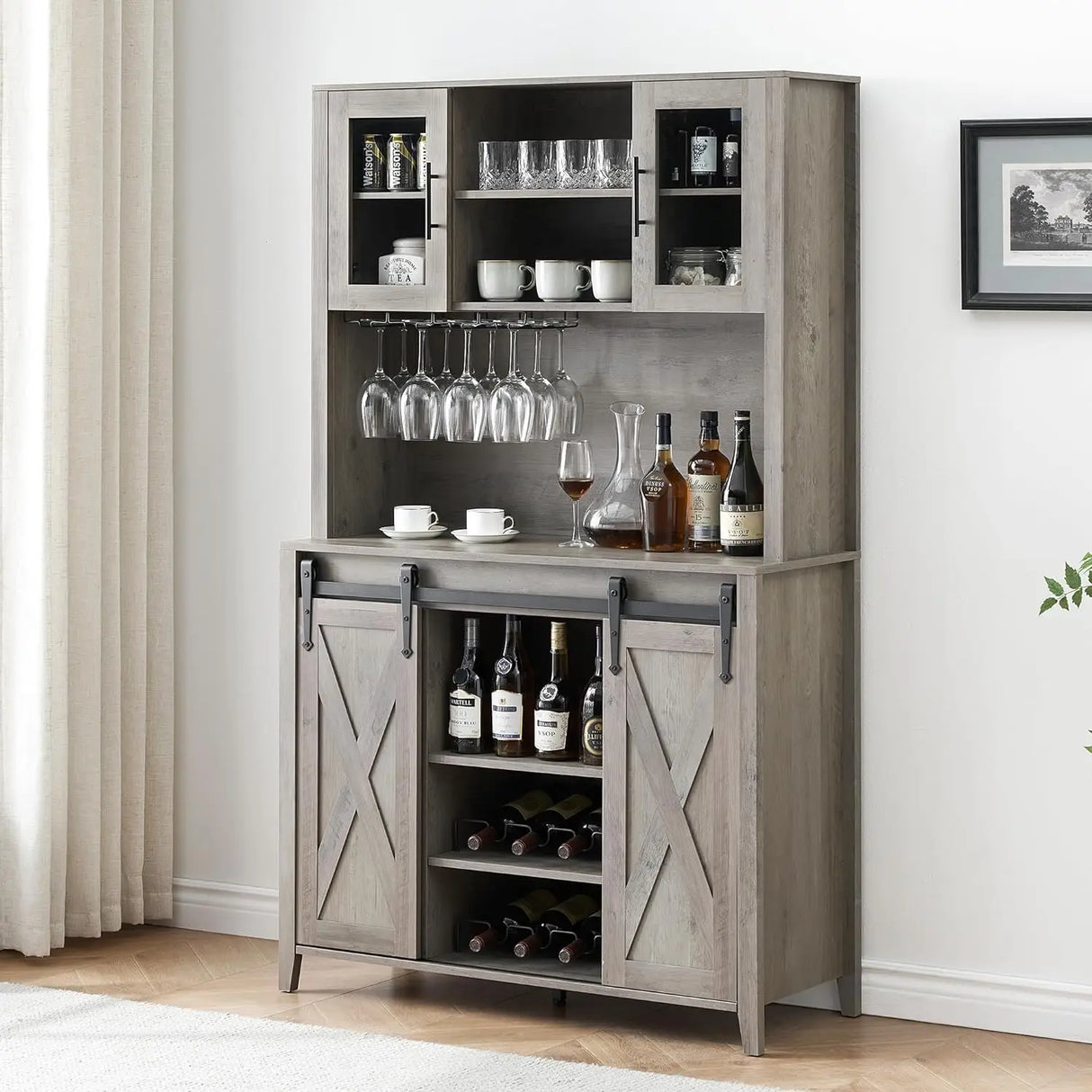 Bar Cabinet with Sliding Door, with Storage Shelves, with Wine and Glasses Rack, Sideboard Cupboard for Kitchen, Dining Room