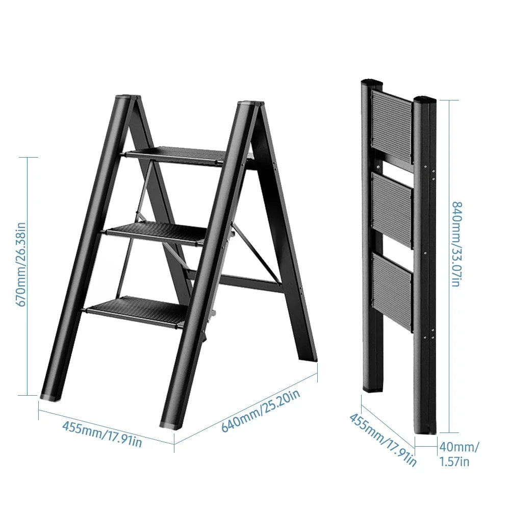 3 Step Folding Step Stool Anti-slip Wide Pedal 330lbs Aluminum Alloy Multifunction Step Ladder Storage Shelf Flower Pot Stands