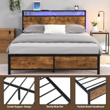 Queen/Full Size Industrial Bed Frame Noise Free with LED Lights&2 USB Ports&Storage No Box Spring Needed Rustic Brown[US-W]