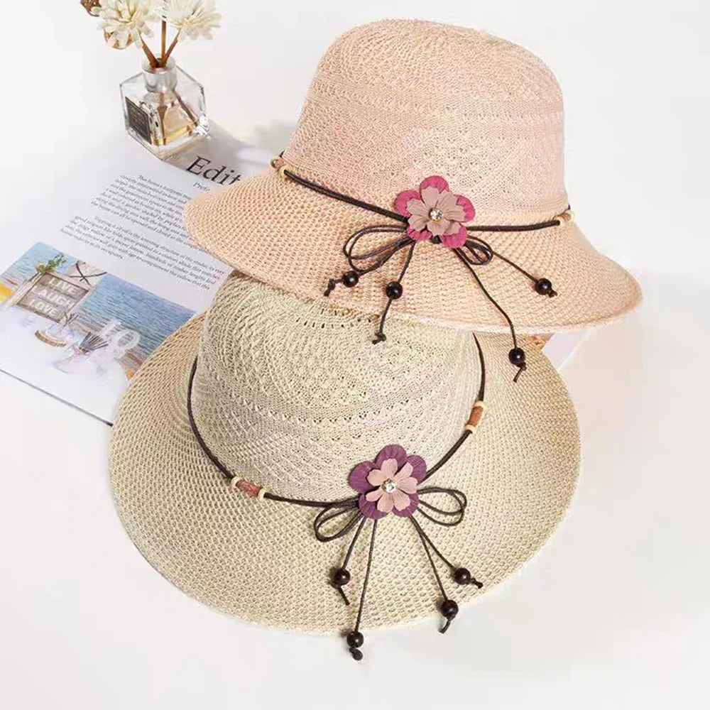 Bow Flowers Straw Hat Sweet Foldable Beach Hat Wide Brim Elegant Bucket Hat Sunscreen Outdoor Casual Sun Cap Women All Match