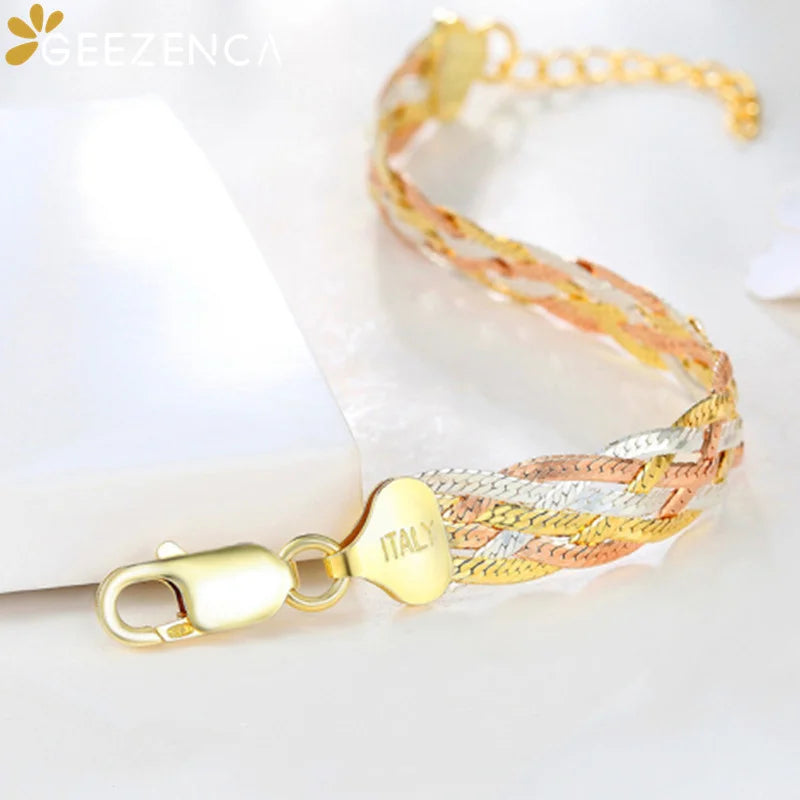 Real 925 Sterling Silver Three Color Gold Plated Multi Threads Woven Bracelets For Women Italian Jewelry Trendy Luxury Bracelets