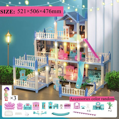 3d Assembly Diy Doll House Miniature Model Doll House Accessories Villa Princess Castle Led Lights Girl Birthday Gift Toy House