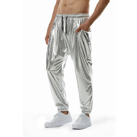 Fashion Shiny Gold Metallic Jogger Sweatpants Hip Hop Casual Pocket Cargo Trousers Disco Dance Party Festival Prom Streetwear