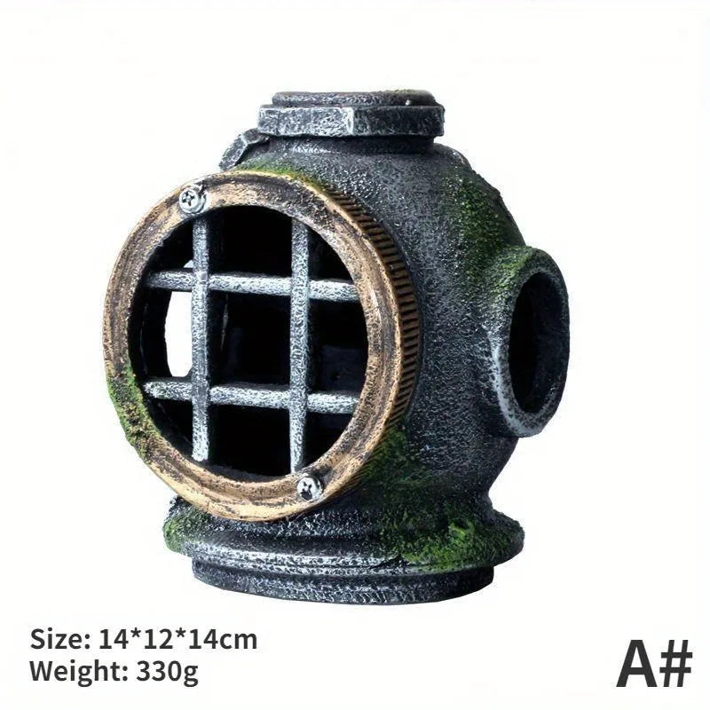 1pc Resin Diving Helmet Wreck Aquarium Fish Tank Landscaping Creative Decoration Ornament Through Rest Shelter for Tank