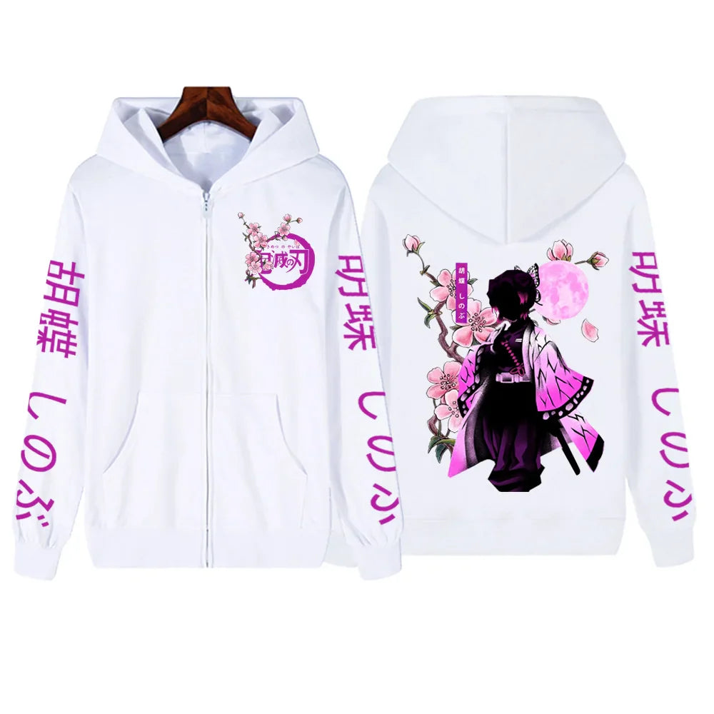 Kochou Shinobu Women Zip Hoodies Winter Autumn Casual Zipper Jacket Harajuku Demon Slayer Plus Size Sweatshirt Female Pullover