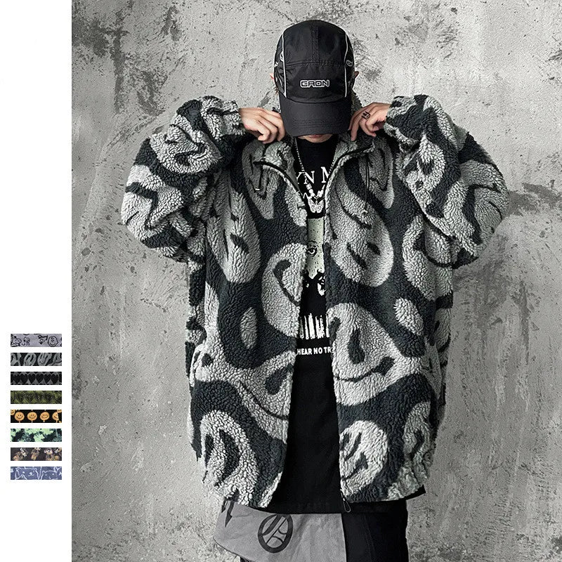 SEVEYFAN Men's Jacket Hip Hop Jackets Tie Dye New Casual Lamb Wool Parka Furry Coat Men Clothing Warm   Streetwear Coat